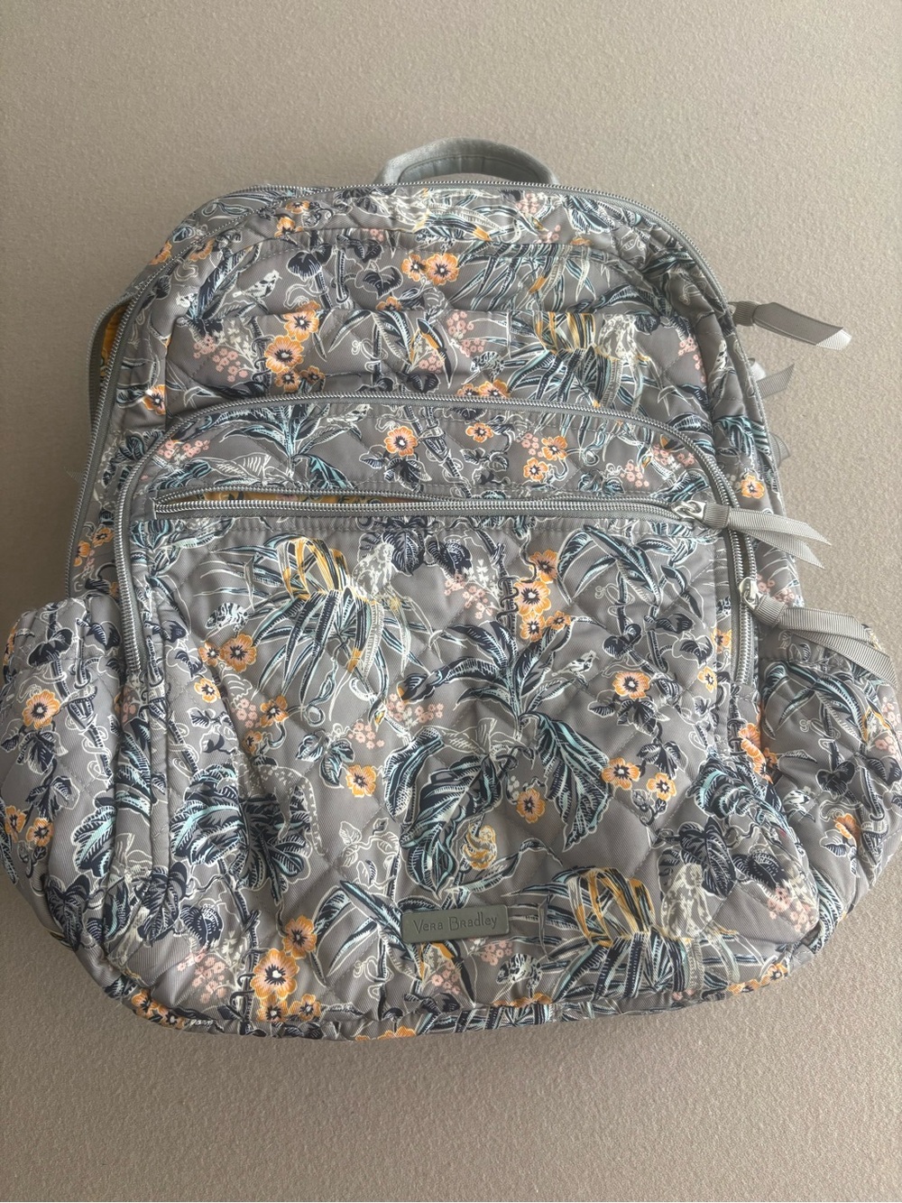 Vera Bradley Gray Floral Quilted Grey Back Pack with Yellow Accents
